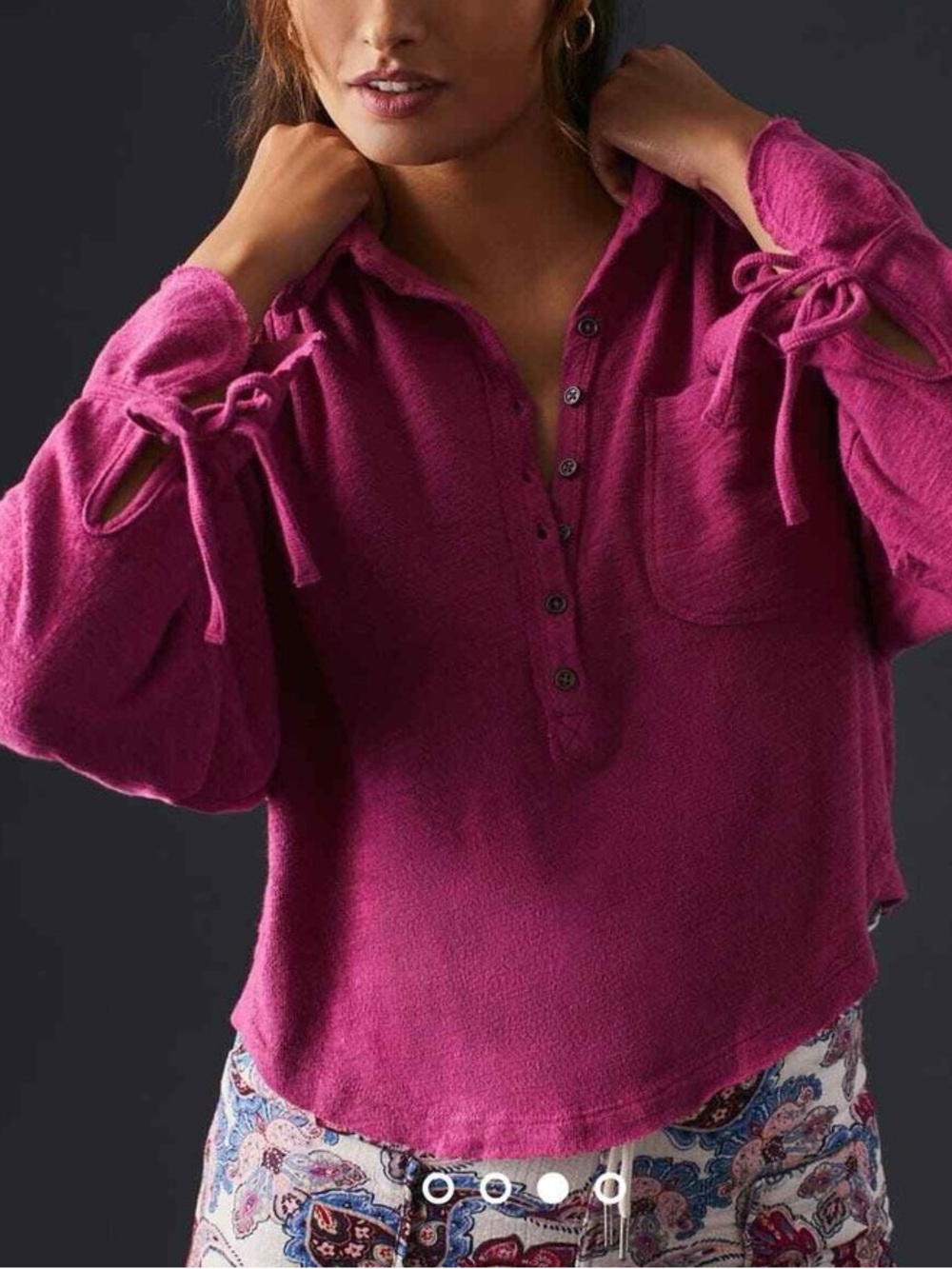 Pilcro Anthropologie Magenta Puff-Sleeve Blouse High Low Henley Top size M